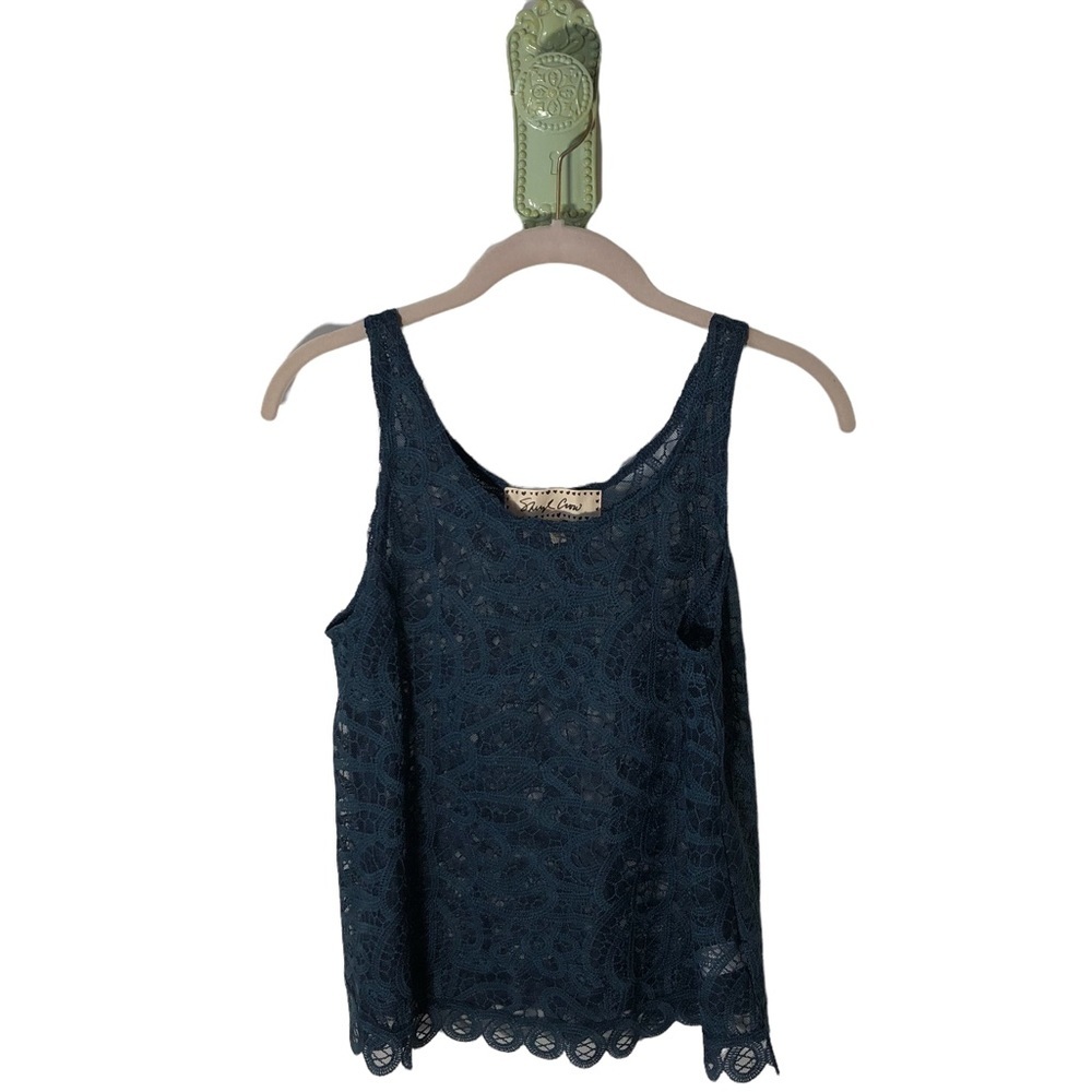 𝅺Sheryl Crow Sheer Floral Lace Dressy Tank Navy Blue NEW
